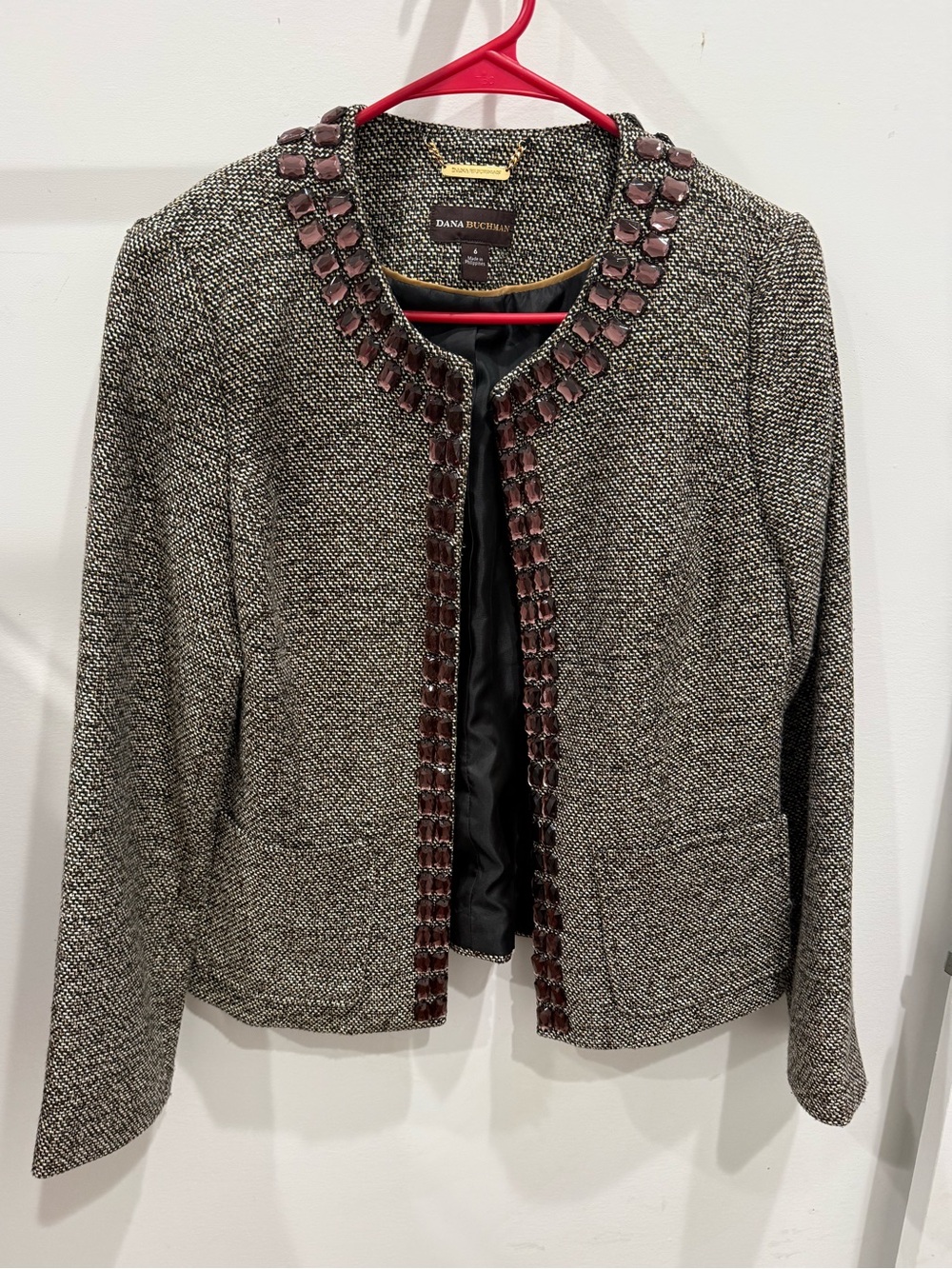 Dana Buchman Brown and White Tweed Cropped Blazer with Brown Jewel Trim